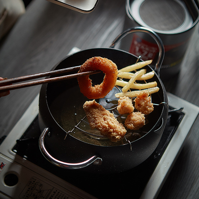 日式麦饭石天妇罗油炸锅家用迷你加厚日本小炸锅不粘油锅省油燃气