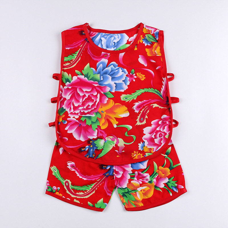 儿童东北花衣服夏季棉绸吊带睡衣幼儿空调服琵琶衣短裤人造棉套装