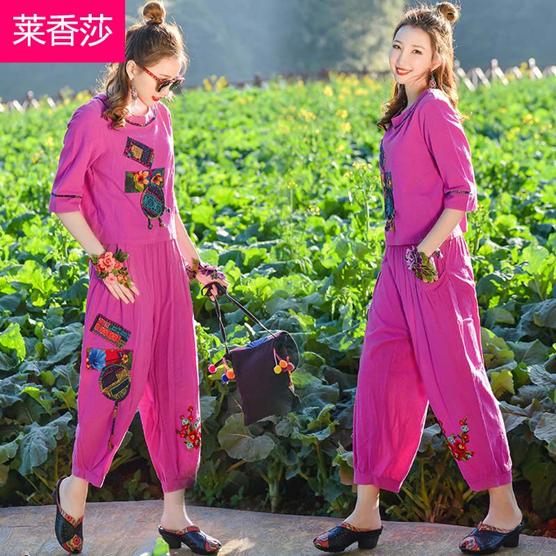 民族风棉麻套装女夏季2020新款文艺复古印花短袖上衣阔腿裤两件套
