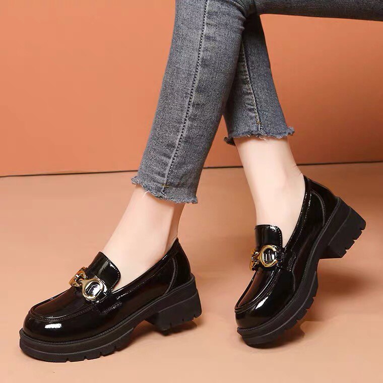 真皮大东粗跟厚底乐福鞋女时尚休闲单鞋英伦风黑色单鞋