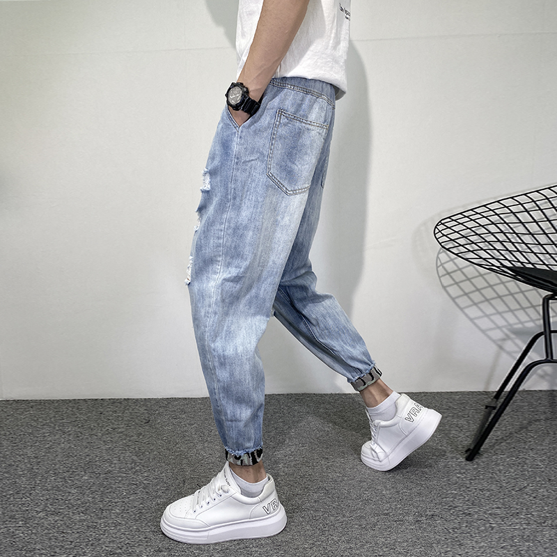 九分破洞牛仔裤男夏季薄款乞丐裤韩版潮流浅色小脚休闲束脚哈伦裤