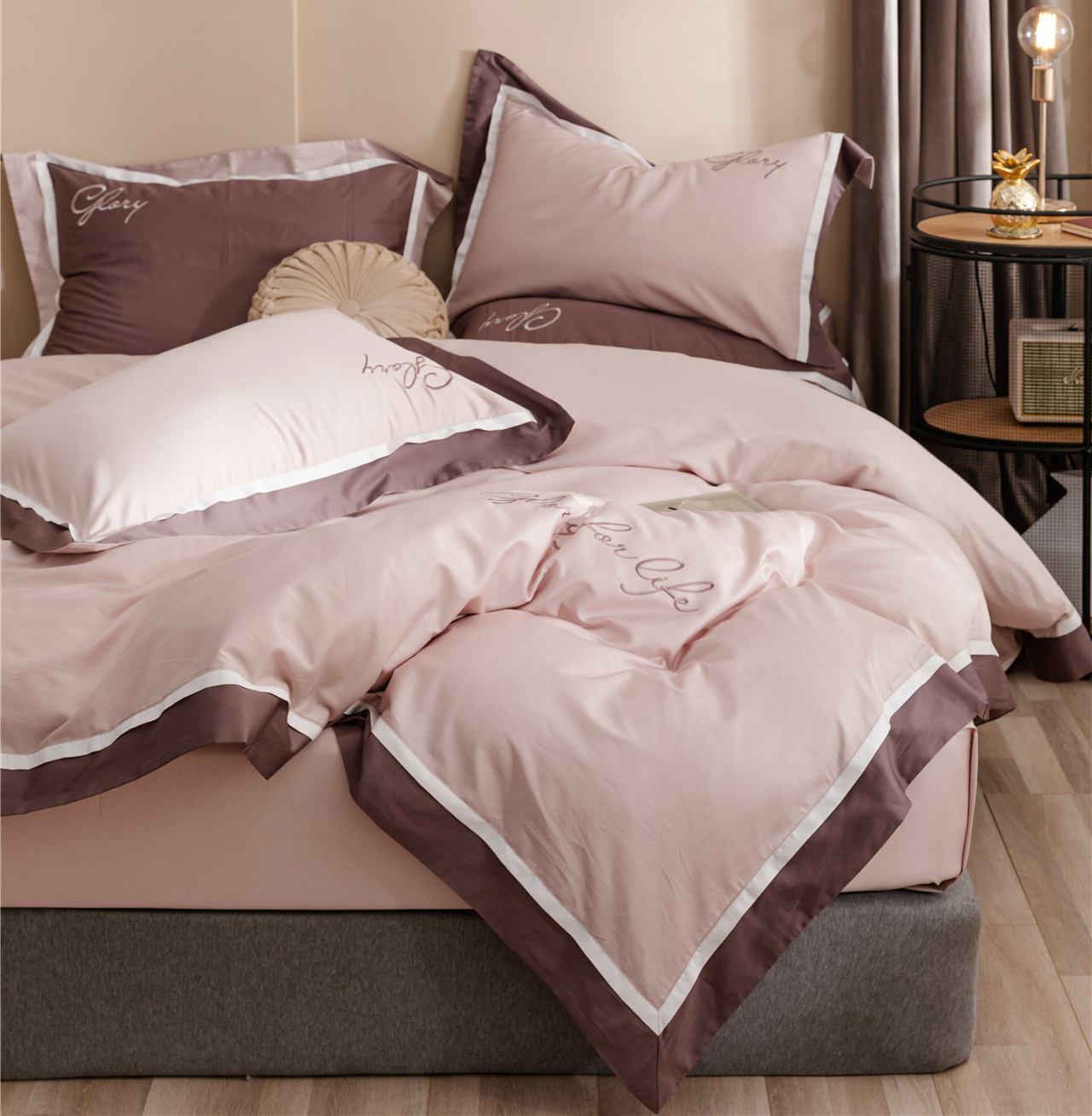 简约轻奢藕粉咖啡拼色床品件套60s床品套件