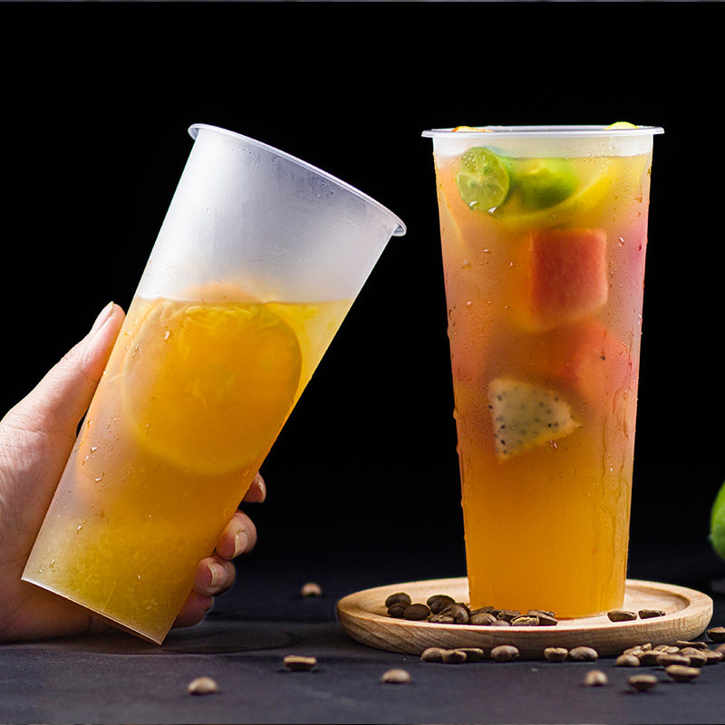 口径磨砂杯奶茶杯网红一次性塑杯果汁打包注塑塑杯