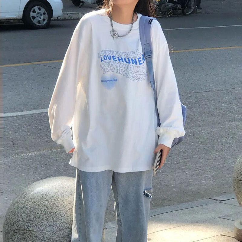 长袖vintage白色无帽卫衣女春秋韩版ins潮设计感小众学生宽松上衣