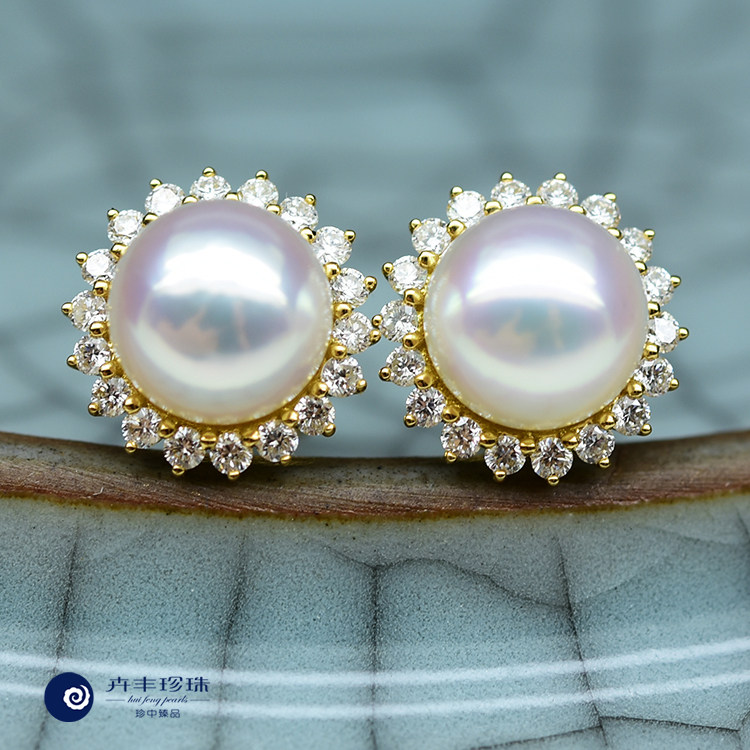珍珠专柜重金小太阳满钻天然海水耳环日本akoya耳饰