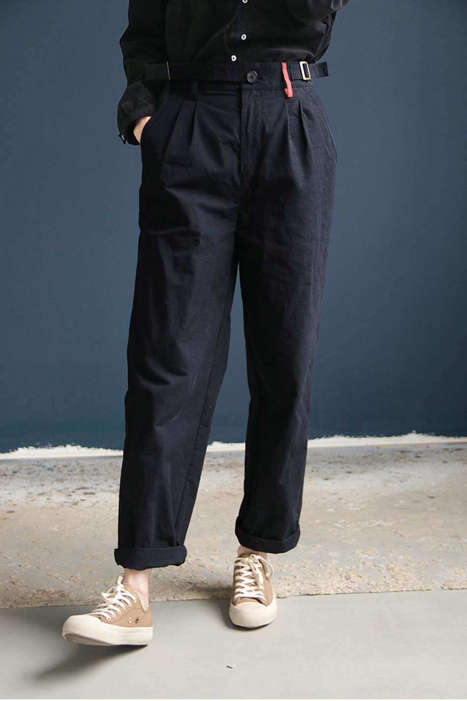 棉麻四季黑色松紧调节扣微宽松松显休闲长裤休闲裤