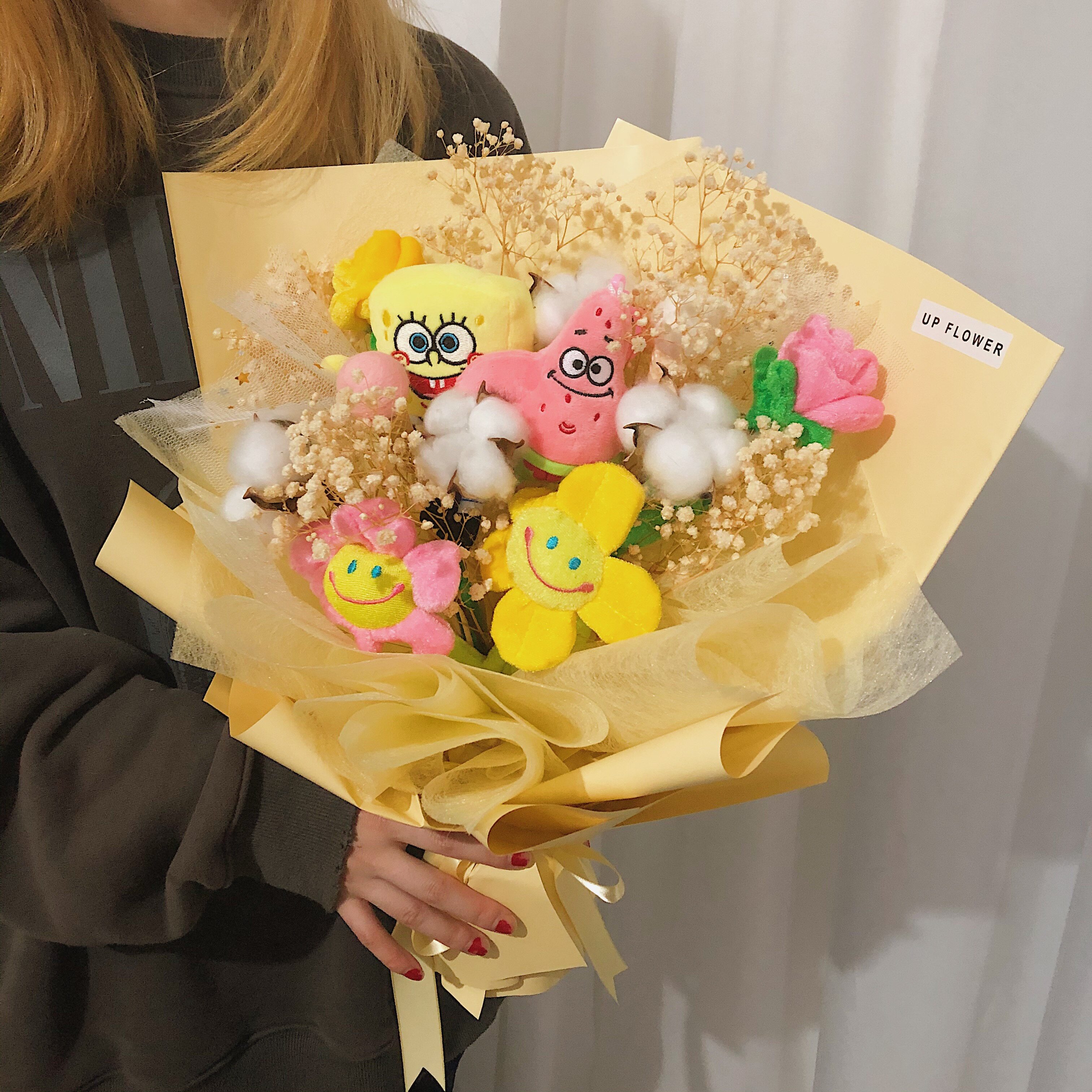 upflower海绵宝宝派大星公仔干花创意花束儿童节生日毕业卡通花