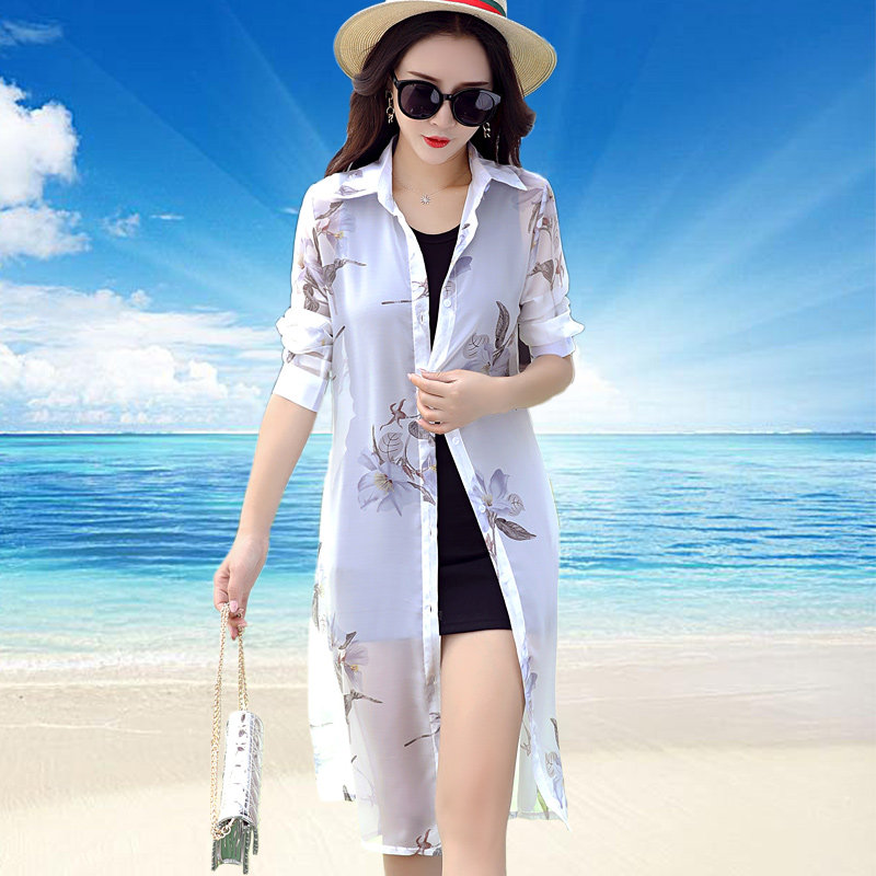 夏季防晒衣女中长款沙滩百搭披肩外搭雪纺开衫防嗮外套薄款外披衣