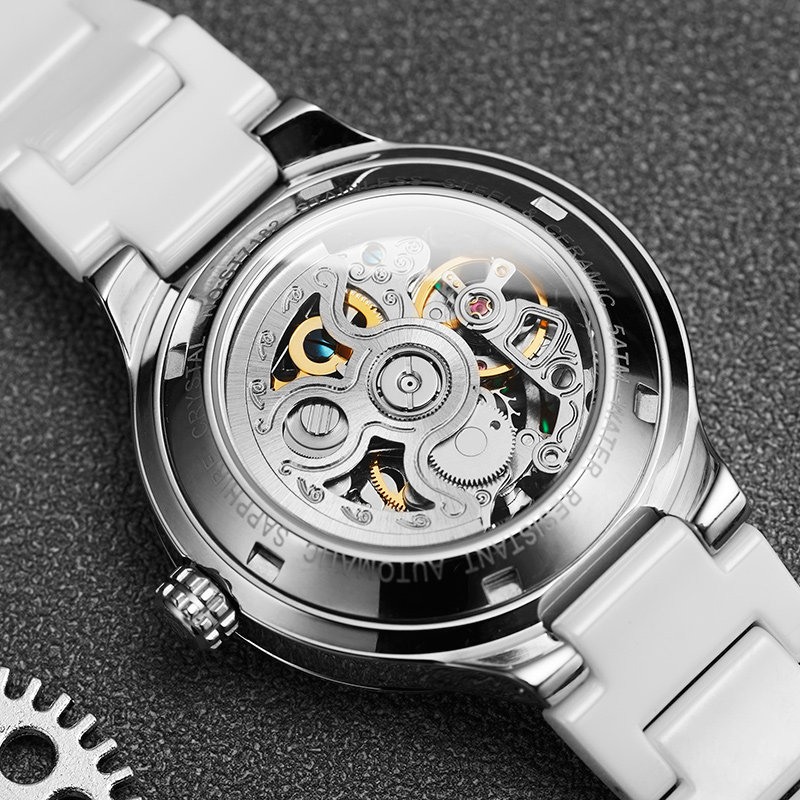 台湾angie亨积手表女士镂空陶瓷机械表粉色反光小众机械手表时尚