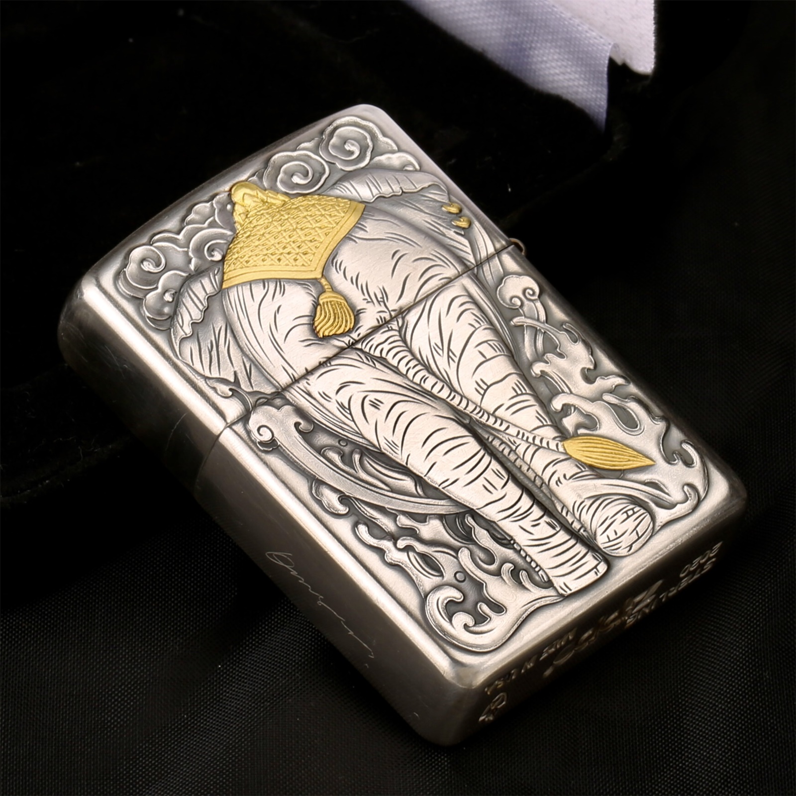 zippo打火机鬼王纯银盔甲镶嵌24k纯金六牙神象zippo
