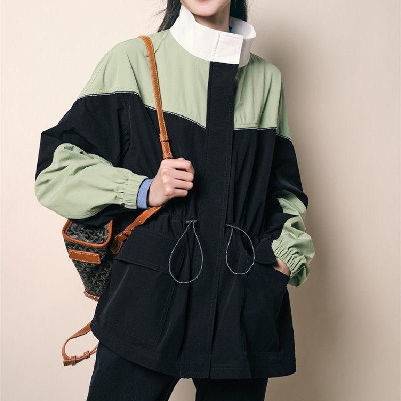 诗篇百魅女装2022秋季新款宽松立领拼色抽绳风衣