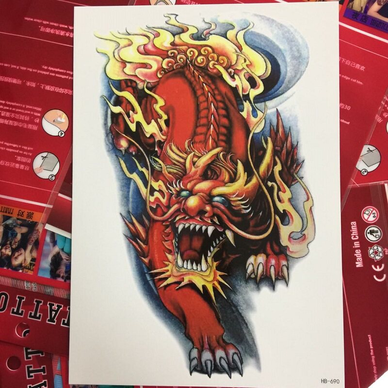 火麒麟彩色纹身贴防水男胸部持久祥云半甲大图案花臂花腿彩绘贴纸