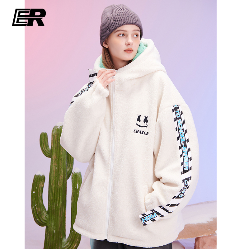 ER复古串标棉服2021年新款羊羔绒情侣连帽外套冬季加厚潮牌棉衣男