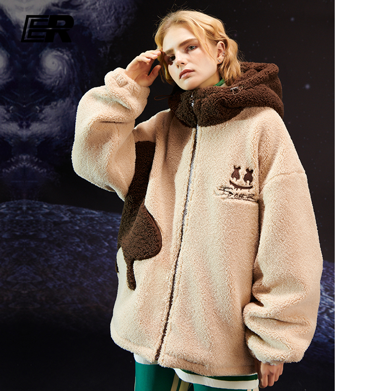 er笑脸羊羔绒棉服2021年冬季新款休闲连帽国潮外套男女同款上衣厚
