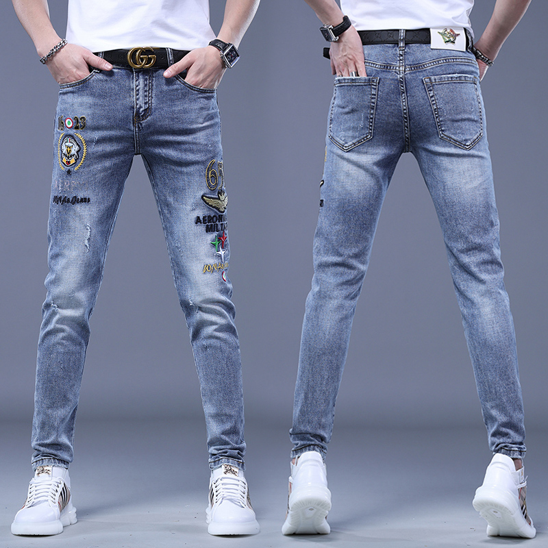 欧洲站夏季薄款男士牛仔裤高端弹力刺绣潮流潮牌修身小脚长裤子男