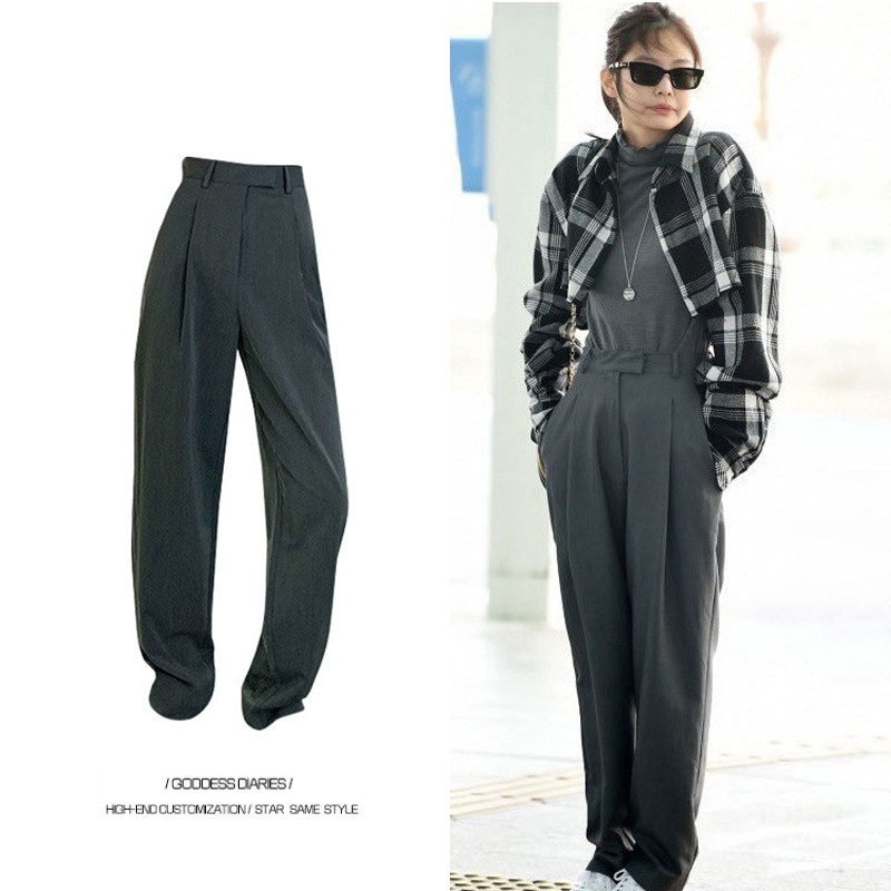 金智jennie明星同款灰色韩版西裤显瘦宽松直筒西装裤