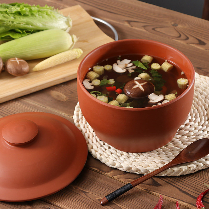 家用粗陶无釉带盖蒸汤碗蒸饭钵碗紫砂陶瓷大容量碗