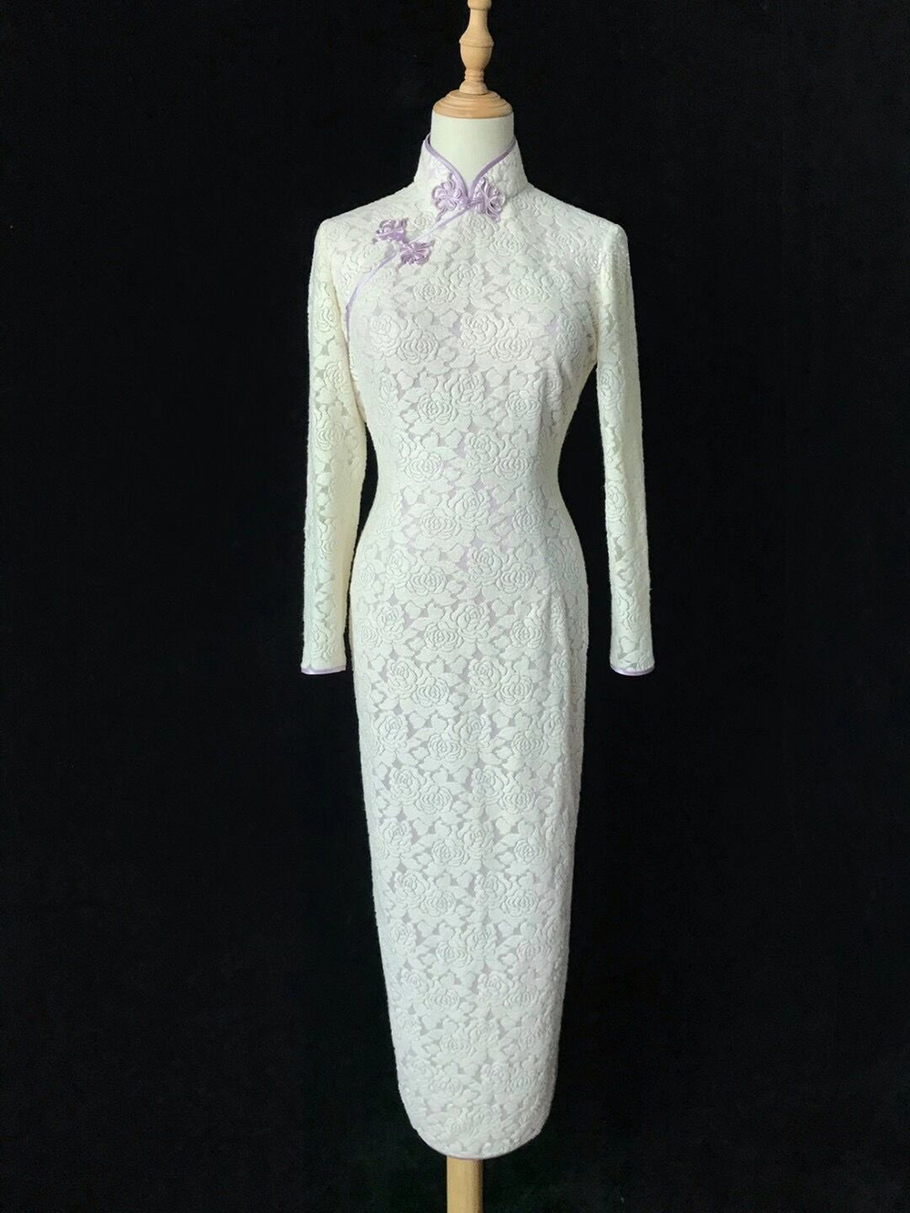 瑰白shuioo初恋白月光暗纹镂空弹力蕾丝改良旗袍连衣裙