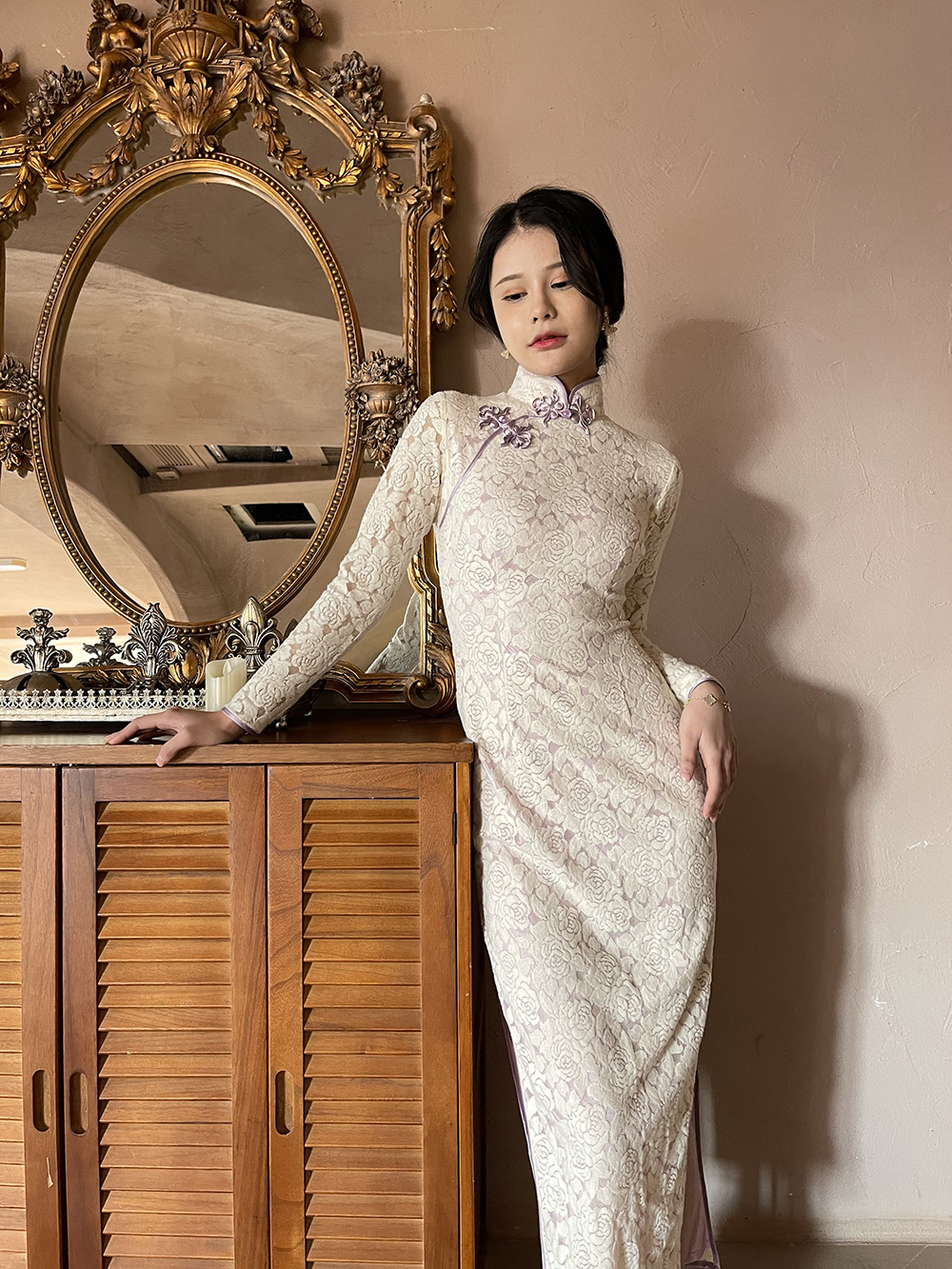 瑰白shuioo初恋白月光暗纹镂空弹力蕾丝改良旗袍连衣裙