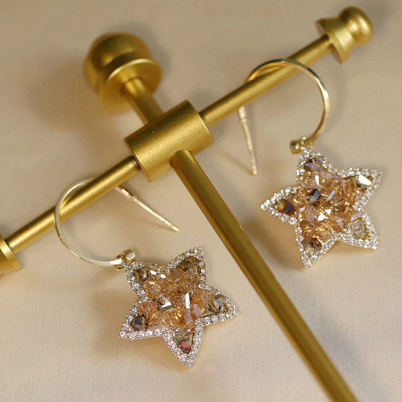抖音音爆星星耳环气质轻奢渐变香槟色星空五角星耳环