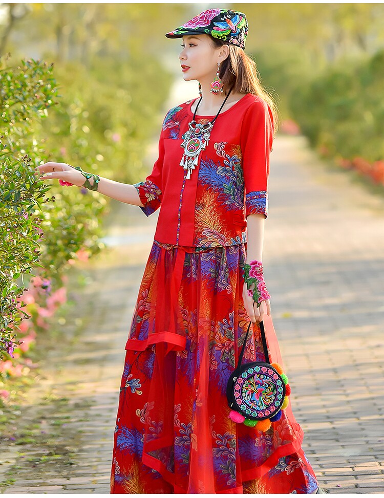 民族风服装女复古两件套显瘦裙子2022春季红色套裙时尚纱裙套装女