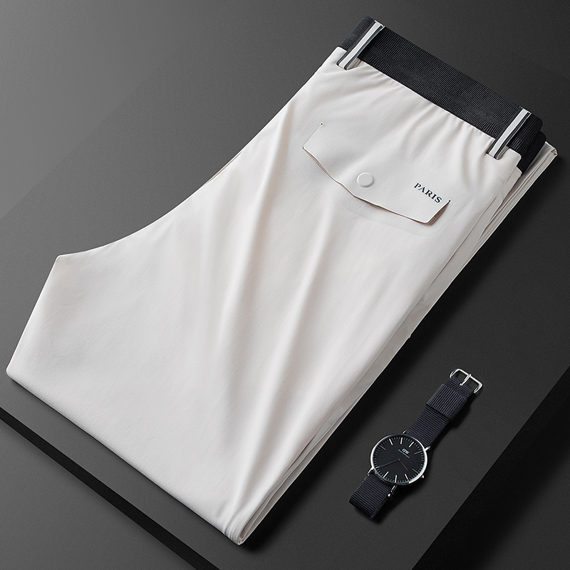 TXV轻奢夏季薄款冰丝滑弹力商务休闲裤男修身小直筒杏色西裤子男