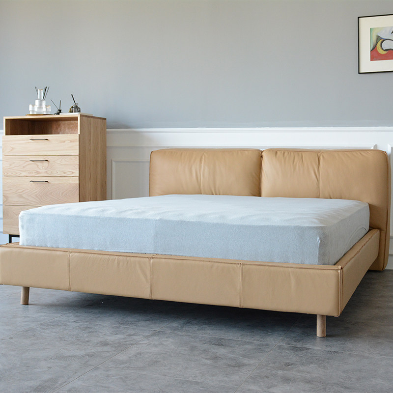 polehome北欧真皮皮软靠背床皮艺床简约现代意式皮艺床