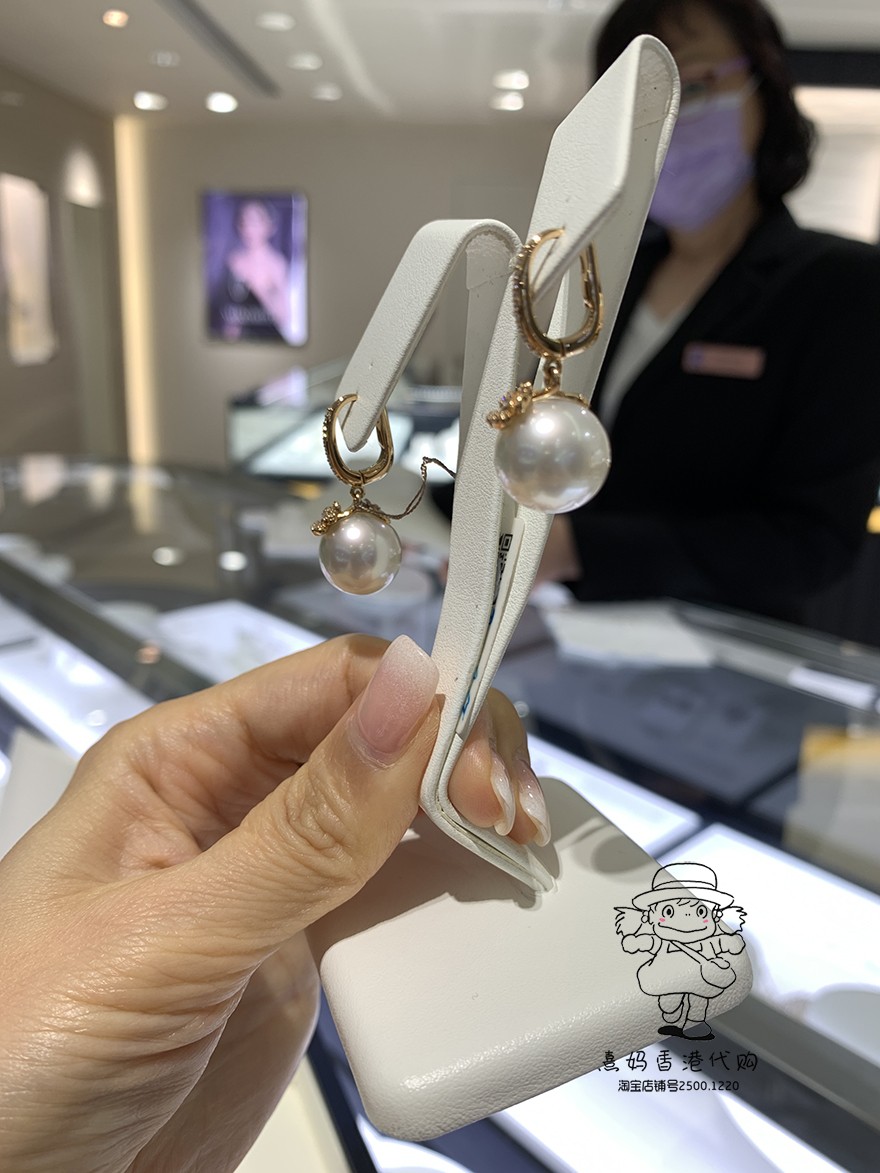 香港mikimoto御木本18k玫瑰金钻石花花南洋白珠女生耳环126mm