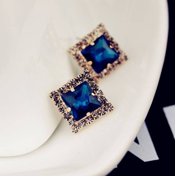 职业阿玛施特正方形蓝宝石耳钉高档奢华大气耳环时尚流行耳钉