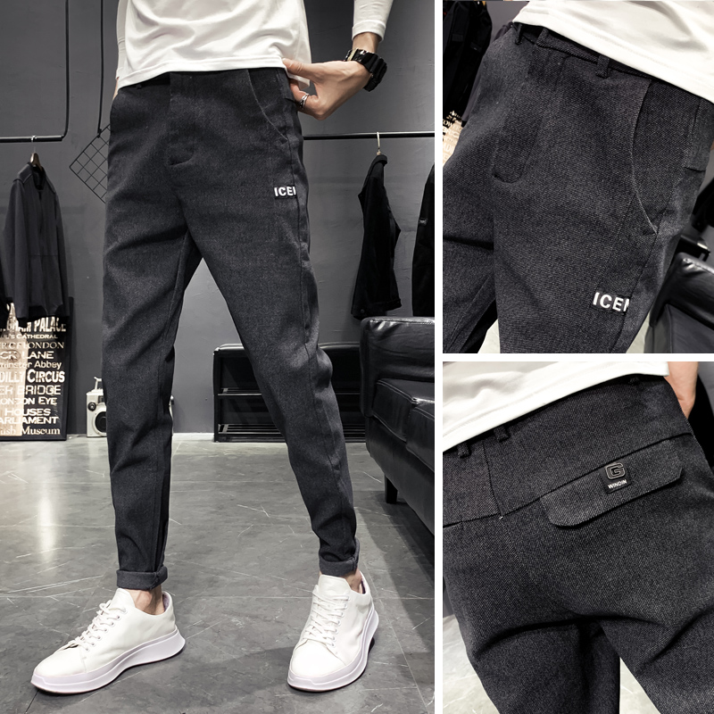 2022冬季潮牌休闲裤男韩版春秋黑色磨毛修身小脚裤百搭秋装长裤子