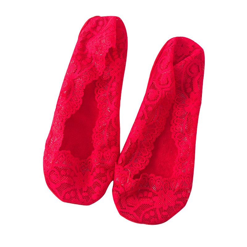 2双大红红色新娘袜子女本命年夏季薄款蕾丝船袜船袜