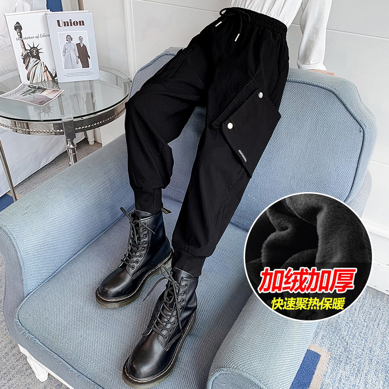 女童裤子加绒2021秋冬新款儿童冬款加厚哈伦裤运动裤大童工装裤潮