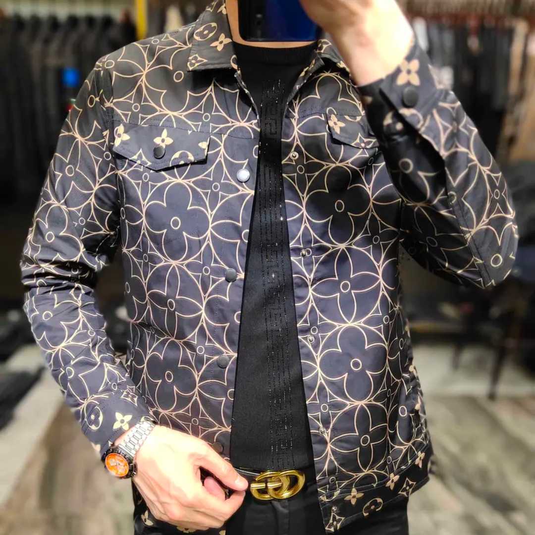 9583春季新款翻领外套男春秋款帅气百搭潮流男士休闲工装花纹夹克