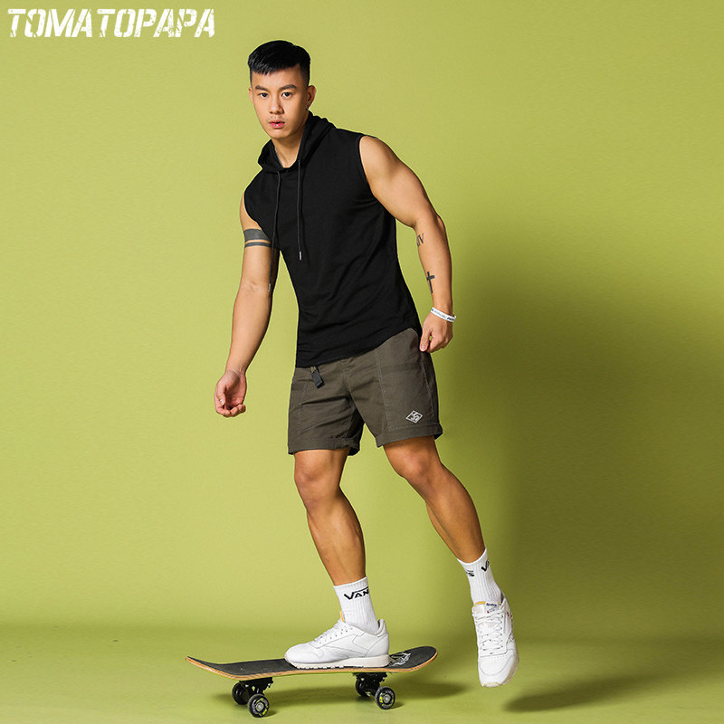 tomatopapa简约纯色工装连帽背心青年运动吸汗无袖男潮背心