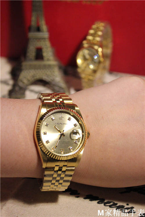 皇冠proking复古金表表盘镶钻日历手表男女表情国产腕表