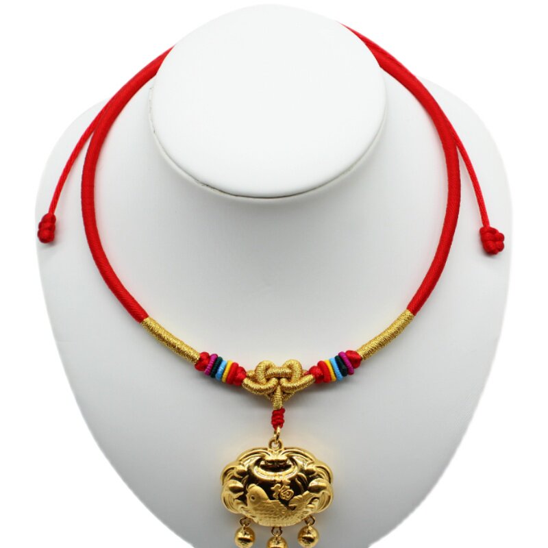 婴儿童金锁挂绳子宝宝平安长命金锁编绳项圈链绳吊坠红绳子如意结 –