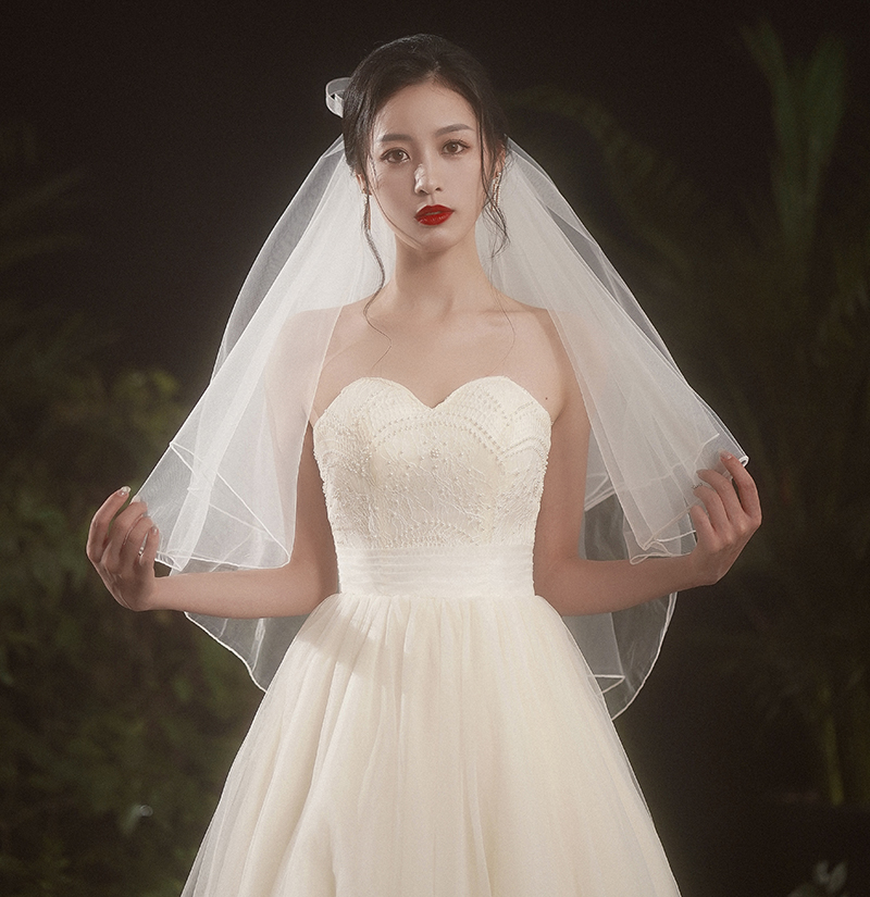 锁边双层蓬蓬短款遮面新娘头纱旅拍婚纱婚礼头纱
