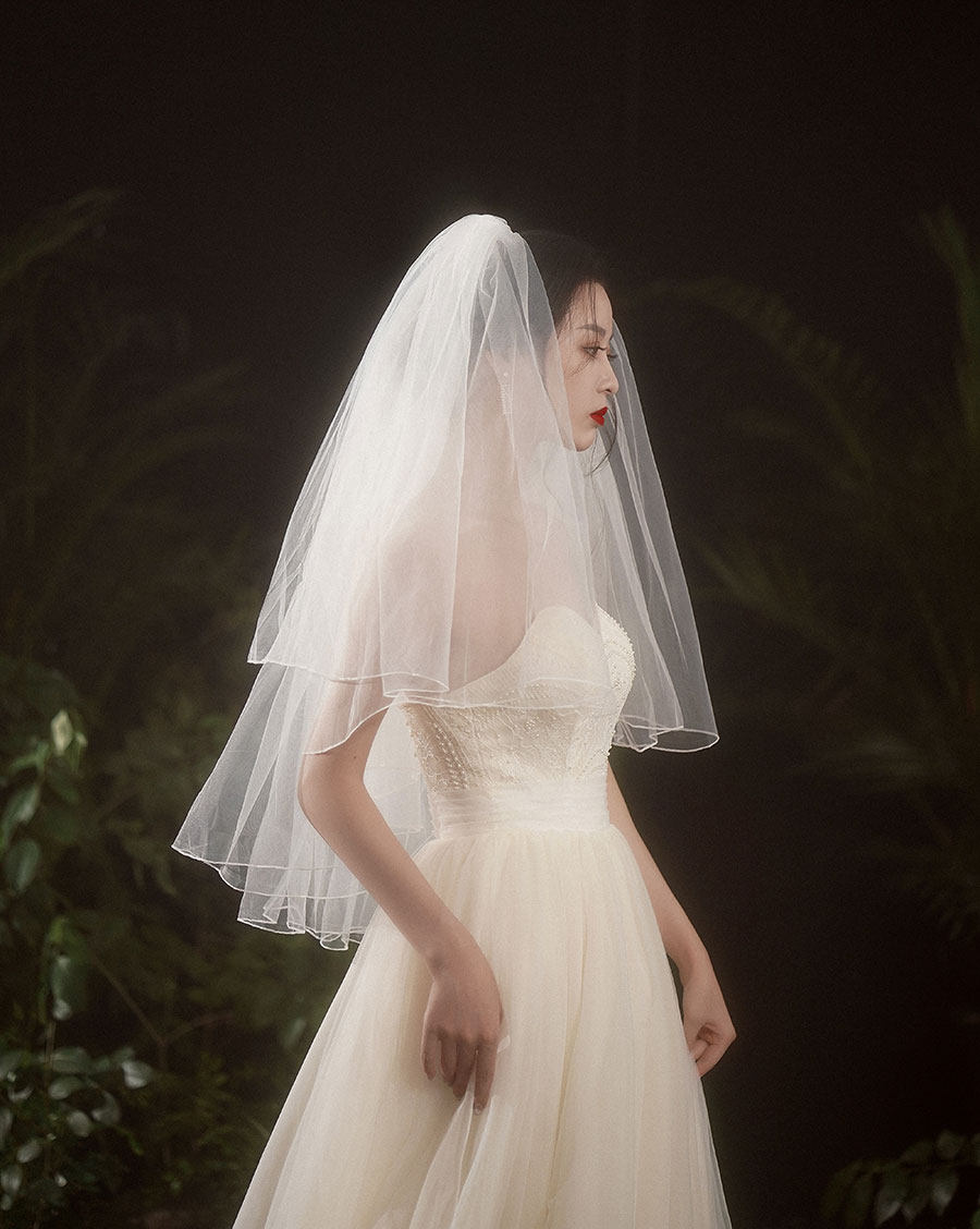 新娘头纱双层遮面短款韩式素纱婚纱面纱影楼头纱