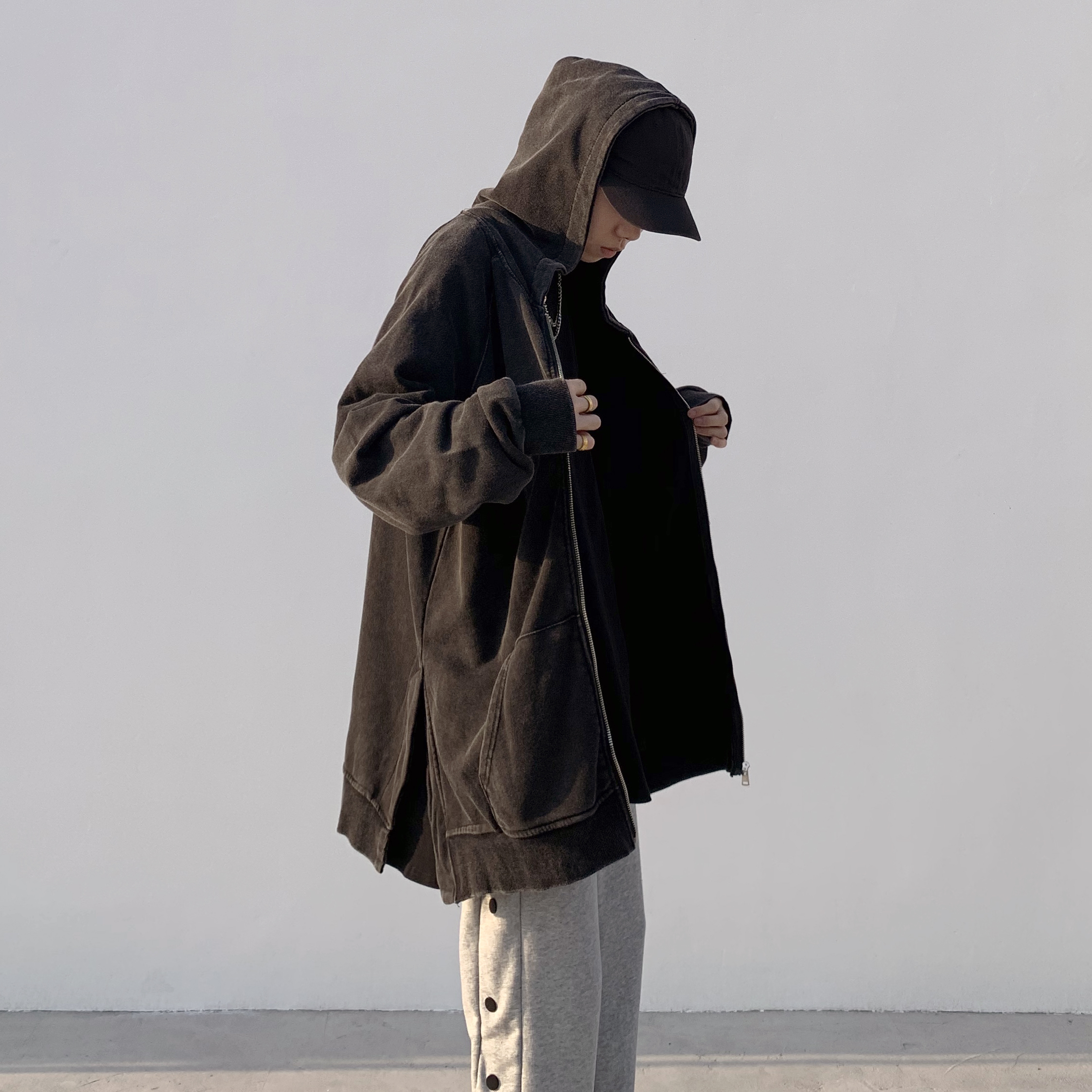 GOFB欧美高街个性开叉拉链连帽卫衣宽松休闲复古外套夹克帽衫男潮