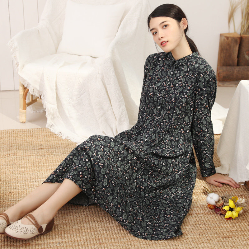 依伽依佳2020冬季新款棉质通勤文艺碎花衬衫连衣裙连衣裙