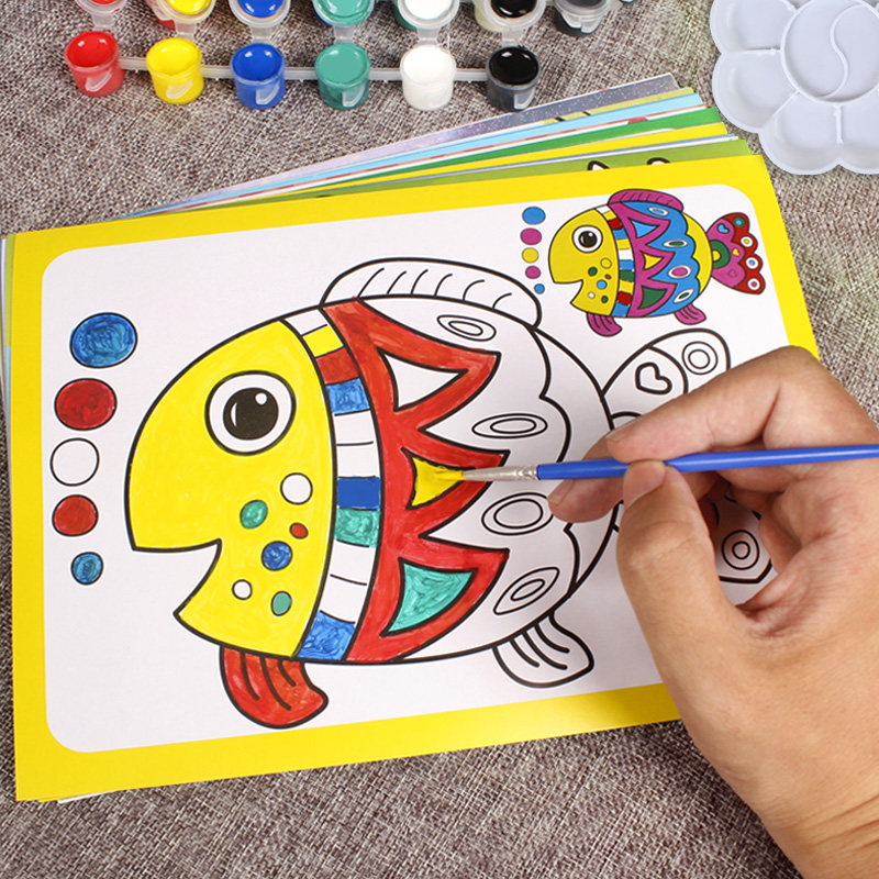 涂色儿童小孩画画水彩画涂鸦颜料图画手工填色沙画