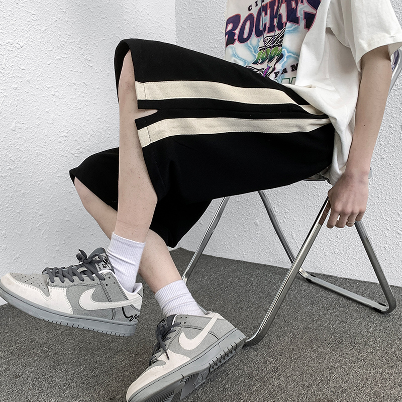 夏季冰丝短裤男宽松直筒垂感开衩篮球五分裤痞帅炸街网红大码裤子