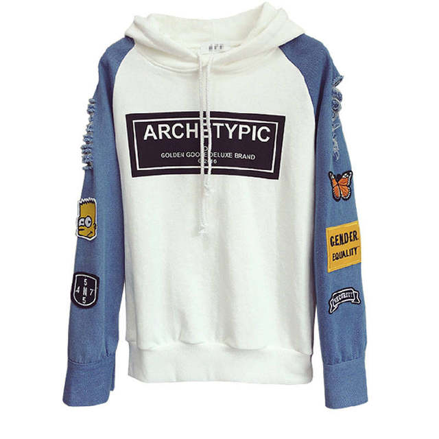 2020 new winter sweater female Korean version of the influx of students loose hole denim long-sleeved hooded jacket coat wild 2020 new winter sweater female Korean version of the influx of students loose hole denim long-sleeved hooded jacket coat wild