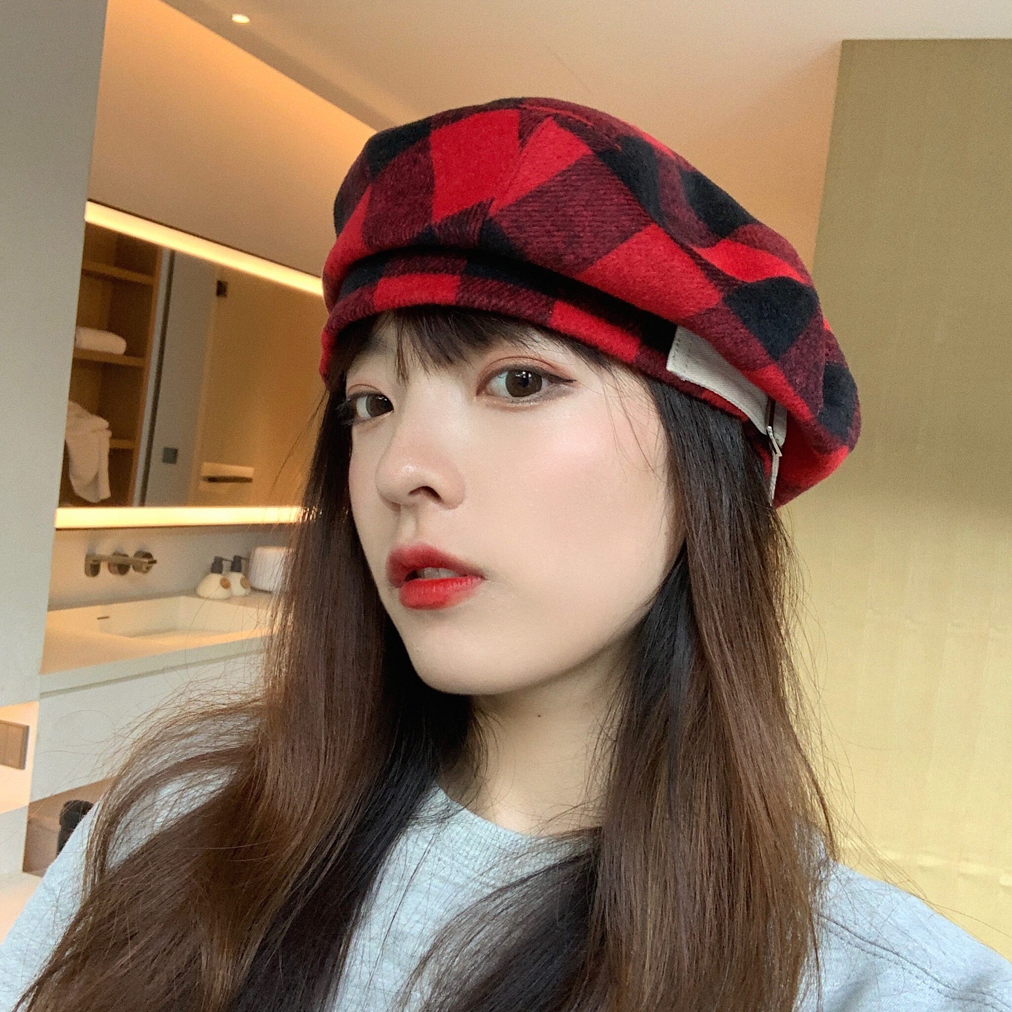 jennie新款秋冬冬天时髦贝雷帽子女韩版百搭格纹帽子