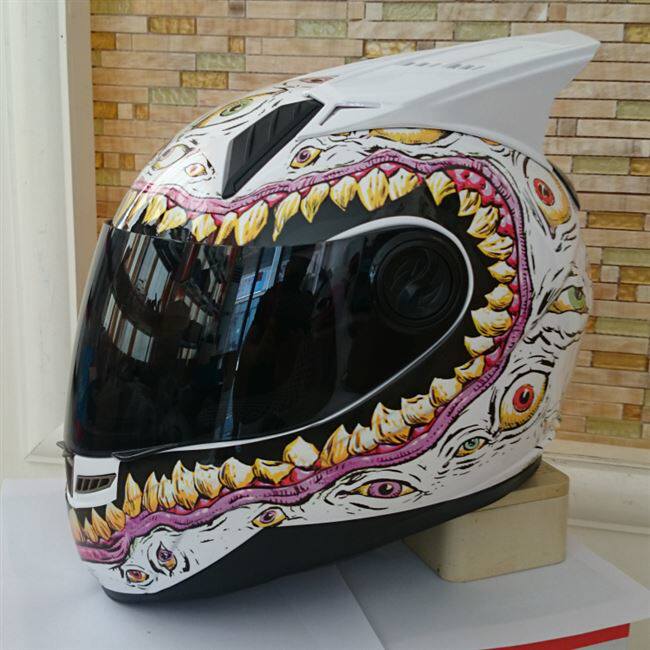 摩托车头盔全盔大嘴嘴巴牙齿眼睛怪兽犄角男女摩托车头盔
