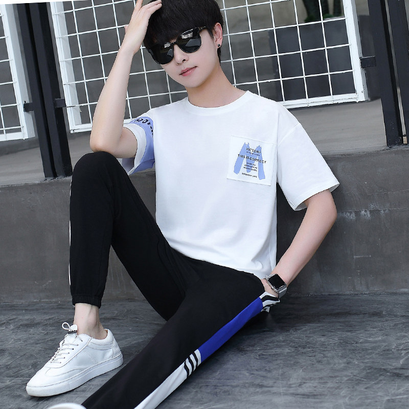 青少年夏季休闲运动套装冰丝一套衣服初中中学生帅气休闲运动套装