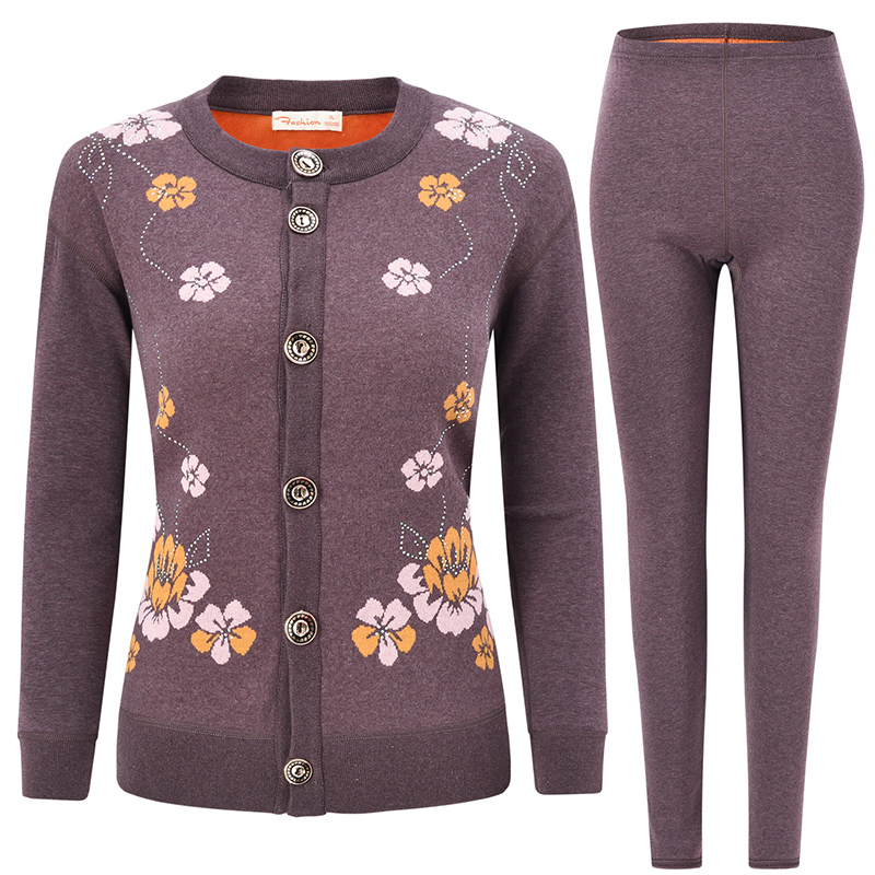 中老年保暖内衣女开衫加加厚妈妈老人开襟保暖套装