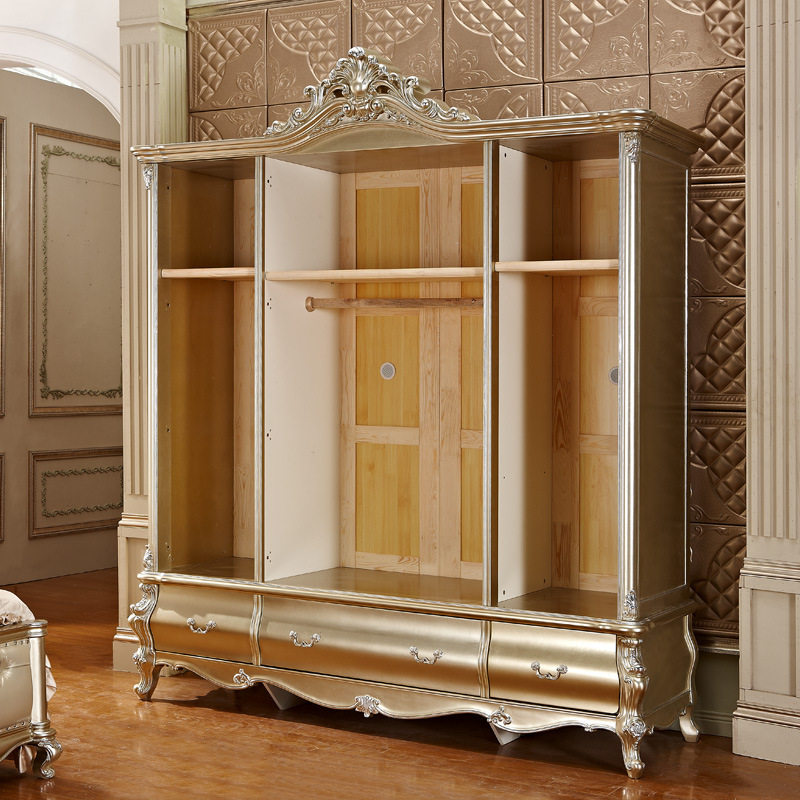 2018新品欧式四门衣柜香槟色实木衣橱奢华别墅独立衣柜