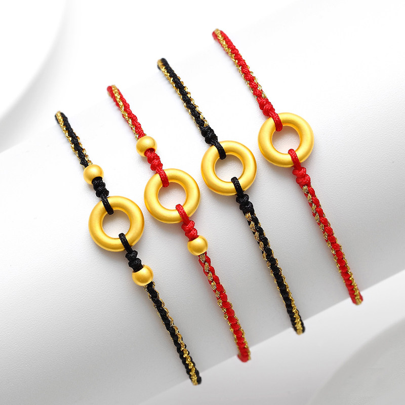 足金平安扣黄金脚链纯金本命年红绳脚绳编织古法脚饰