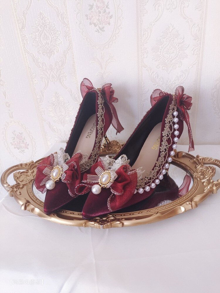 lolita复古宫廷洛丽塔华丽花嫁茶话会高跟鞋红色婚鞋单鞋